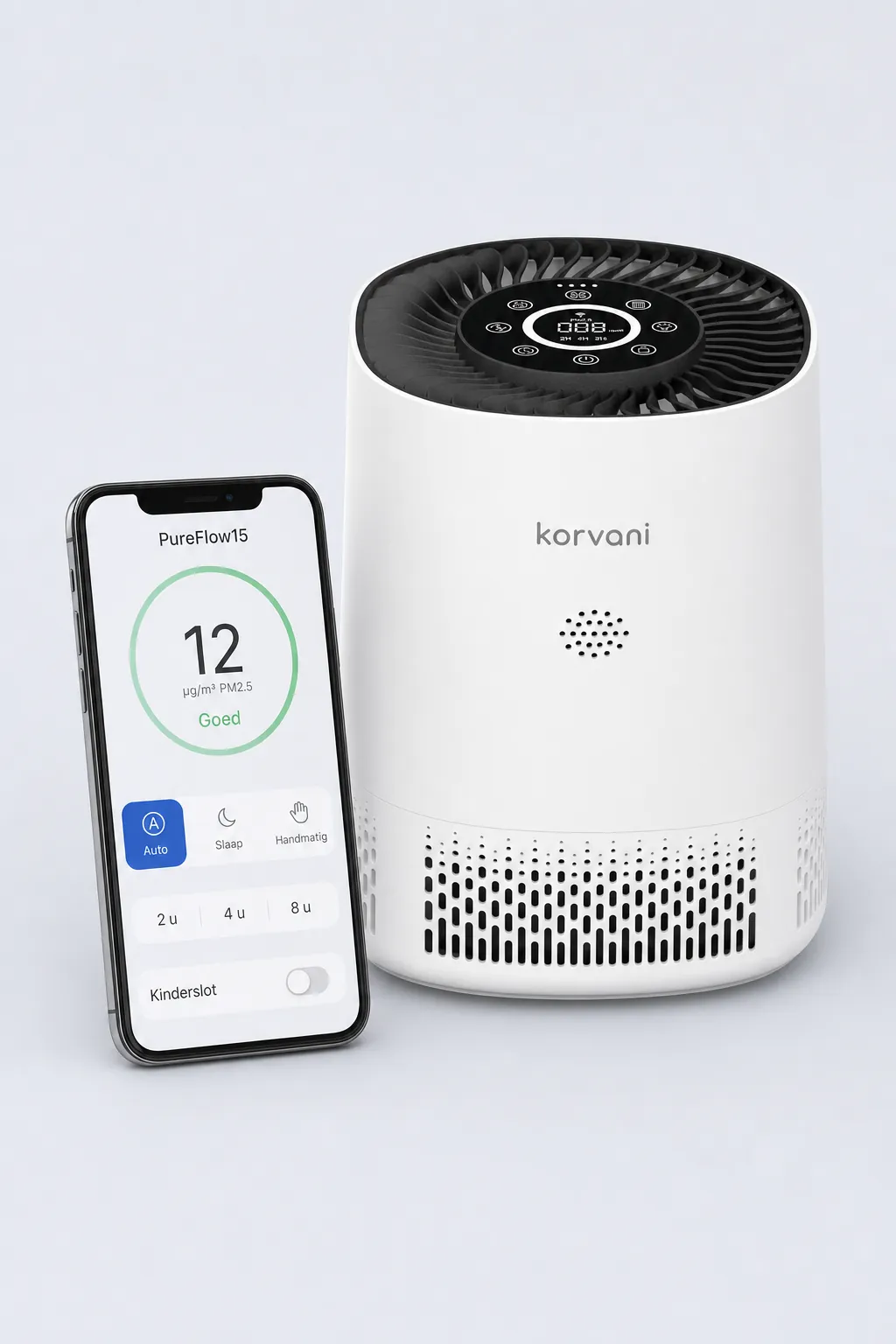 Illustratie: telefoon met de bediening van de PureFlow15 via wifi